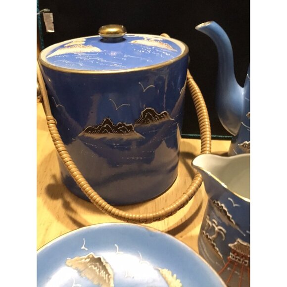 1920s Morimura Japan Moriage Tea Set Coffee Island Palm Trees Pagoda Gaudy Blue - Picture 3 of 16